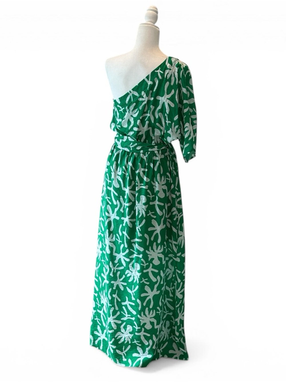 Entro NWT Green One-Shoulder Printed Midi Dress with Slit Sz L - Picture 4 of 10